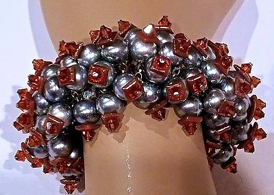 ~WOW! Massive VTG Grey Faux Pearl and Amber Lucite Stretch Band CUFF BRACELET - Image 1 of 4
