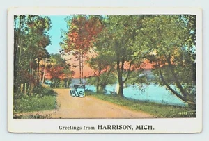 GREETINGS FROM HARRISON MICHIGAN, Country Road, Era Auto, River. 1900s - Picture 1 of 2