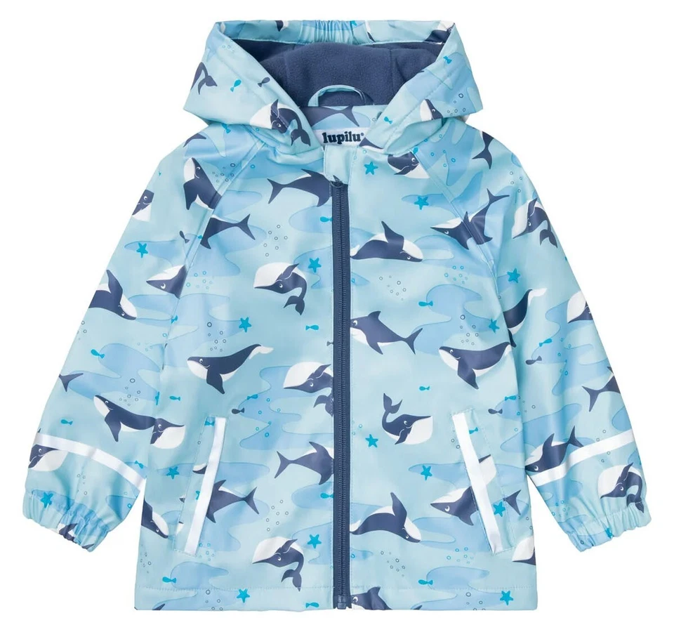 LUPILU Jungen Buddeljacke Regenjacke Jacke gefüttert Blau Wale - Gr. 110/116