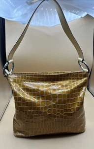 BRIGHTON Gold Patent Croc-Embossed Leather Slouchy Shoulder Tote Bag Unique - Picture 1 of 5