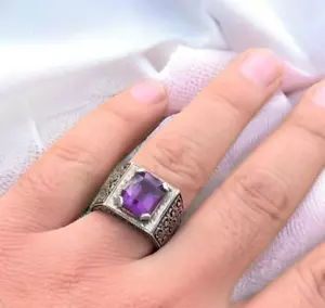 Unisex Amethyst Mens Womens Silver 925 Art Deco Ring Natural Amethyst Band - Picture 1 of 4