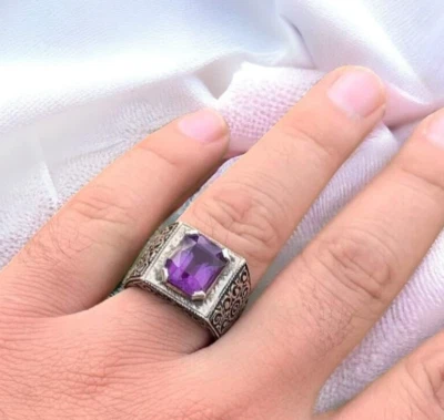 Anillo de amatista natural unisex de plata 925 Art Deco para hombre y mujer Foto 1 de 4