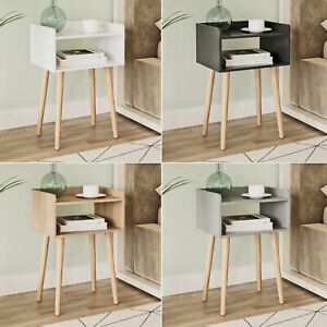 Modern Bedside Table Storage Display Unit with 2 Shelves & Solid Pinewood Legs