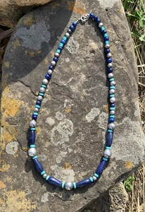 Vintage Artisan Sterling Silver Beads With Turquoise & Lapis Lazuli Necklace 22” - Picture 1 of 6