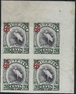 Liberia # O51 MNH (Crease)1906 Issue Imperf Corner Margin Block Fauna Egret Bird - Picture 1 of 2