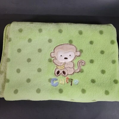 CARTER'S CHILD OF MINE GREEN POLKA DOT MONKEY CUTIE FLEECE BLANKET 29" X 39" - Image 1 of 4