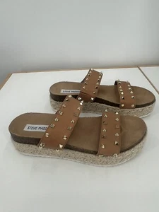 Steve Madden Jaime Gold Studded Platform Slide Sandals Cognac Women's Size 7 - Picture 1 of 8