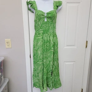NWT Band Of The Free Green Tropical Print Cutout Front Flutter Strap Dress XS - Picture 1 of 11
