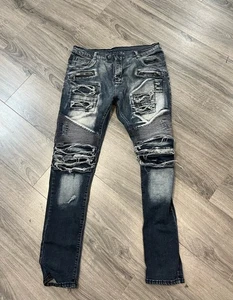 Balmain Blue Distressed Destructed Ribbed Biker Jeans Size Men's 36 X 34 - Picture 1 of 4