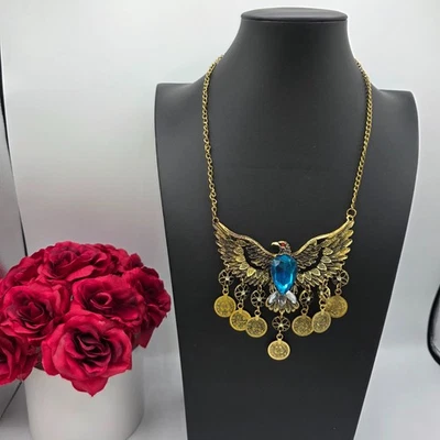Collar babero bohemio águila estrás azul estilo gitano cadena tono dorado 28" Foto 1 de 4
