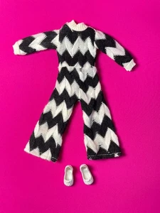 Sindy white tassel shoes + unbranded black white zig zag jumpsuit fit 12” dol - Picture 1 of 4