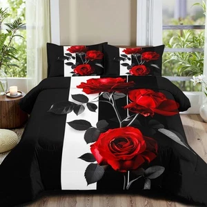 Romantic Rose Comforter Set Queen Size Black and White Striped Bedding Botani... - Picture 1 of 7