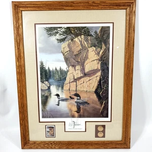 1992 Derk Hansen Where Freedom Reigns Framed Signed Print Loons w/ Stamp & Coins - Picture 1 of 8