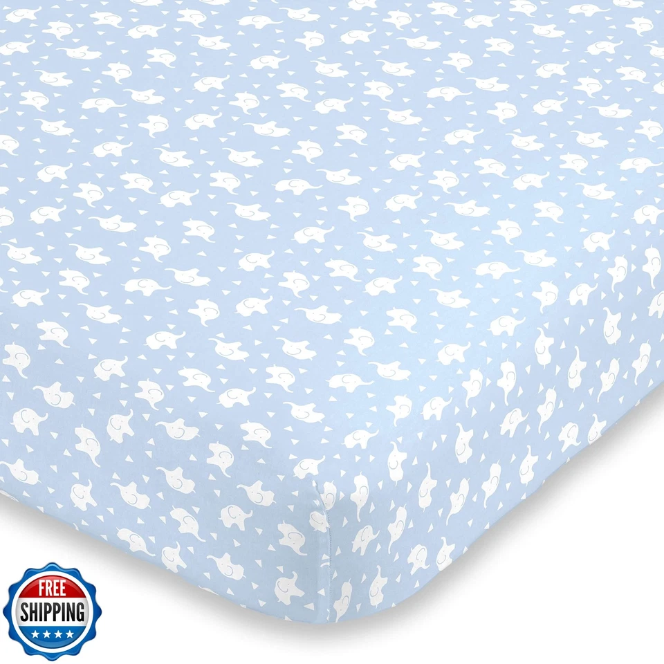 Mini sábana ajustada de elefante azul y blanco súper suave NoJo, azul, blanco Foto 1 de 2