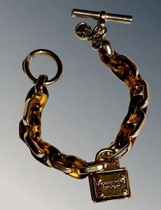 Michael Kors Tortoise & Gold Chain Bracelet Thick Links Logo Padlock Toggle EUC - Picture 1 of 5