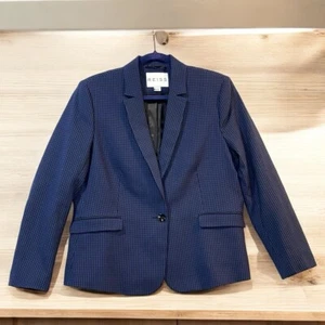 Reiss Womens Blazer Large Slim Blue Black Micro Check 1 Button Sullivan - Picture 1 of 9