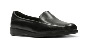 Clarks Ladies Georgia Black Leather Loafer Moccasin Slip On Wide EE Fit Shoes - Picture 1 of 9