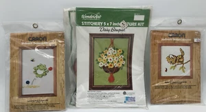 Lot 3 Vtg Crewel Embroidery Kits - Cat Frog Daisy Bouquet Unopened - 1970's - Picture 1 of 10