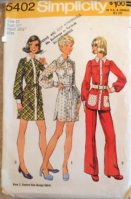 Simplicity 5402 mini dress smock pants Size 12 Bust 34" Waist 26-1/2" Year 1972 - Image 1 of 4