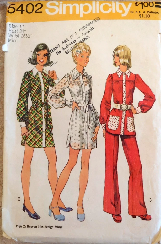 Simplicity 5402 mini dress smock pants Size 12 Bust 34" Waist 26-1/2" Year 1972 - Image 1 of 4