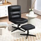 High Back Office Chair with Ottoman, PU Leather Armless Desk Chair No Wheels Com