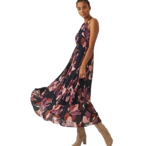 By Anthropologie Maxi Dress XXSP Tropical Floral Tiered Halter Navy Boho Resort - Picture 1 of 17