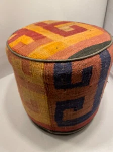 Vintage Kilim Pouf Carpet Turkish Handwoven Circle Round Filled 13.5" H 13" W - Picture 1 of 18