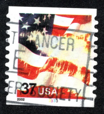 US 3632 (2002) 37c - Used - Coil -  EFO: Mega Underinked!!  US Flag in distress! - Image 1 of 2