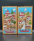 Vintage Greek Ceramic Art Tile Delfi Greece Sailing Island Signed Set of 2
