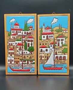 Conjunto de 2 Azulejos de Arte Cerámico Griego Delfos Grecia Isla de Vela Firmado - Imagen 1 de 4