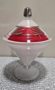 Vtg MCM COMPOTE CANDY DISH w/ Lid Footed Jar RED WHITE Silver Accents - Picture 1 of 13