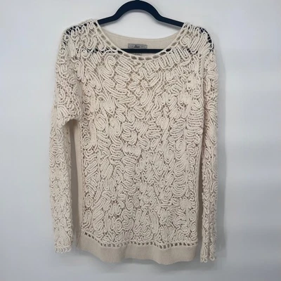 Bass Women Cream Lace Crochet Knit Sweater Top Size L Long Sleeve - Image 1 of 4