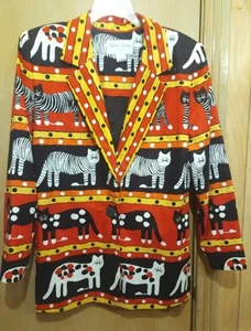 Vtg Sharon Young Cat Blazer Jacket Womens Med Oversized Red Orange Yellow Black - Picture 1 of 11
