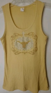 WOMEN'S YELLOW RIBBED TANK TOP WITH RHINESTONES BULL HEAD CROSS COUNTRY SZ L - Picture 1 of 3