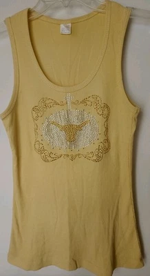 WOMEN'S YELLOW RIBBED TANK TOP WITH RHINESTONES  BULL HEAD CROSS COUNTRY SZ L  - Image 1 of 3