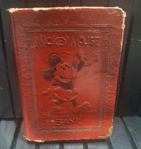 Vintage 1930er Mickey Mouse Leder Buch Stil Metall Bank von Zell fehlender Boden - Bild 1 von 6