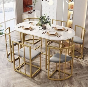 Dining Table and Chairs Set 6 Kitchen Table with MDF White Marble Tabletop gold - Picture 1 of 17