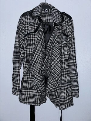 Double Zero Wool Gingham Print Jacket Gray Black Belt Tie Waist Asymmetrical - Image 1 of 4