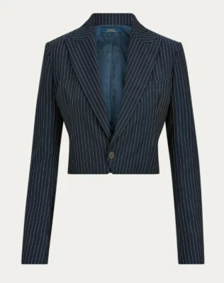 Chaqueta Blazer Polo Ralph Lauren Para Mujer Recortada Azul Marino Lana Rayas Botón Nueva con Etiquetas $598 Foto 1 de 4