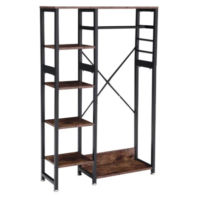 HOUSEHOLD-ONLINE Industrial Clothes Rail With Shelves Rustic Wood Storage Wardrobe Free Standing