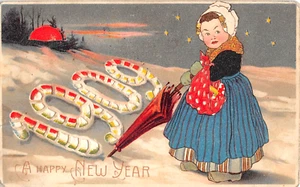 1909 Hold to Light Dutch Girl with Umbrella Happy New Year post card - Picture 1 of 2