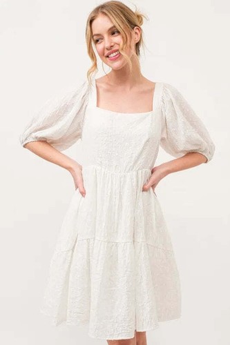 OFF WHITE E Il Perché Mini Abito a Livelli con Scollo Quadrato Maniche a Sbuffo