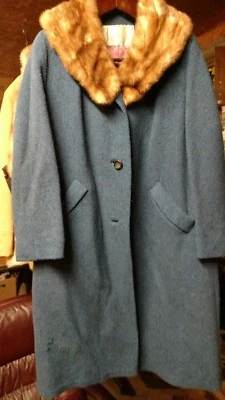 VTG Mink Fur Collar Tweed Retro Wool Full length Car COAT USA Union BOHO sz M - Image 1 of 4