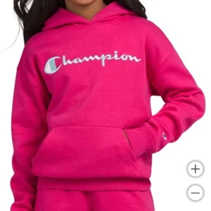 Champion Script Logo Youth Pink (Magenta) Powerblend Pullover Hoodie Size 14-16 - Picture 1 of 5