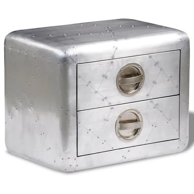 End Table Aviator Wood & Aluminium Antique Silver Patchwork 2-Drawer 50x35x40cm - Image 1 of 4