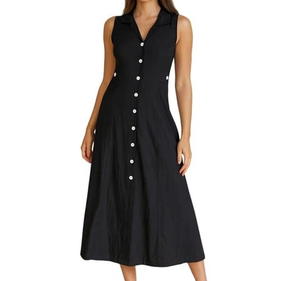 Винтажная льняная миди-рубашка Erika Studio платье размер XL женское черное с вырезом на пуговицах - Изображение 1 из 4