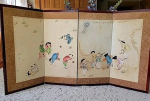 Vintage Chinesische Kinder Spielen Aquarell Gemälde Klapp Bildschirm Lesen - Bild 1 von 22