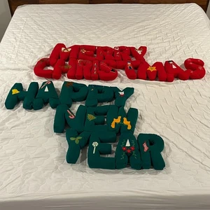 VTG Kitschy Merry Christmas Happy New Year Banner Sign Stuffed Cloth 3D Pick One - Picture 1 of 22