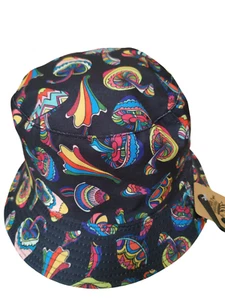 Colourful Mushrooms Black Bucket hat reversible Unisex Adults One size - Picture 1 of 5