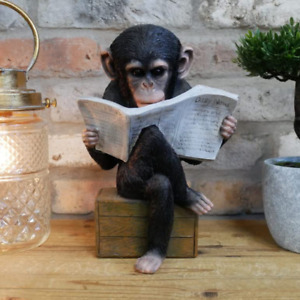 Monkey Reading Newspaper Statue Quirky Ornament Relaxing Chimp Ape Home Decor
